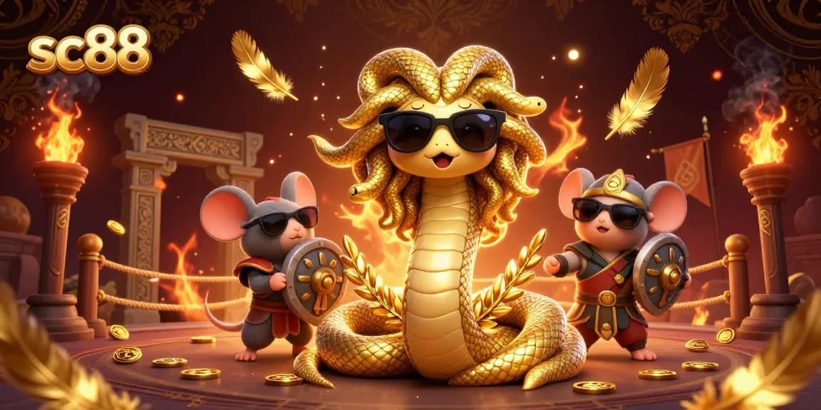 Play exciting games at sc88 with Medusa and a warrior in a rich casino setting.