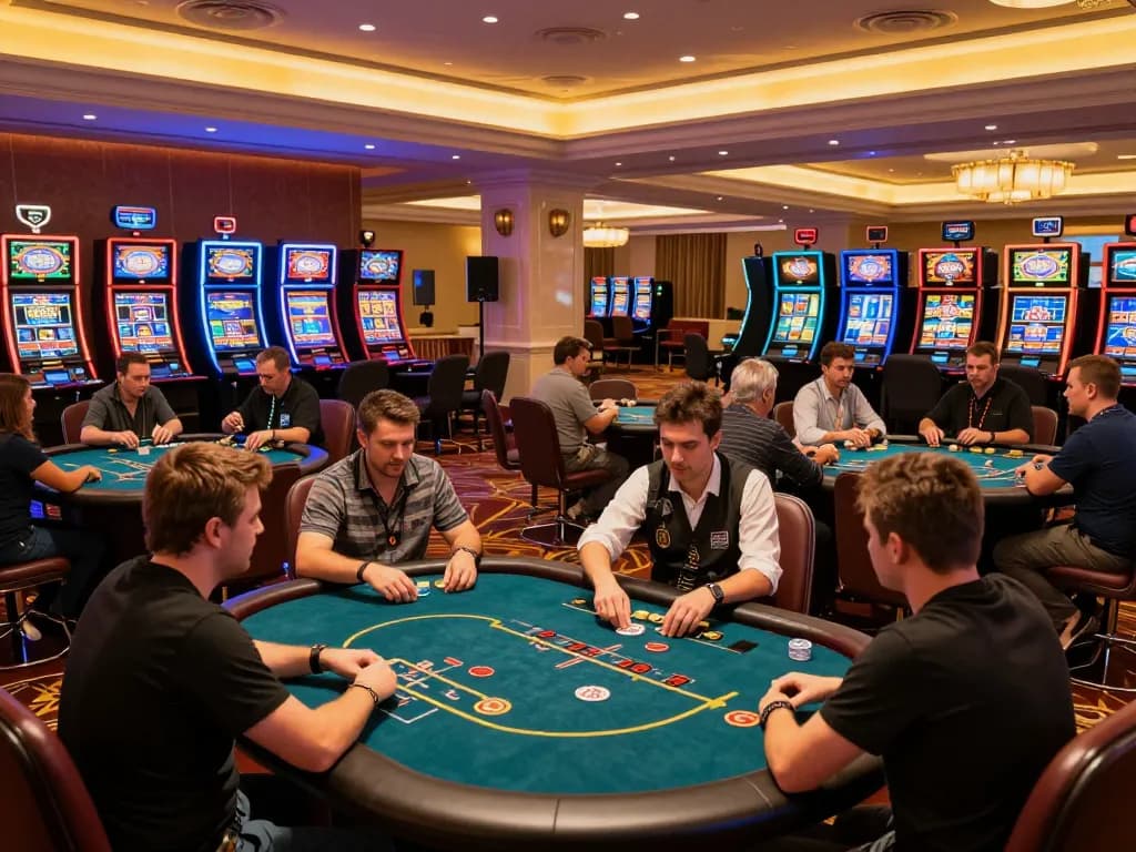 Engaged players enjoying poker and vibrant slot machines at 86bet casino.