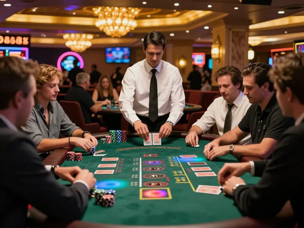 Engaging scene of blackjack gameplay showing players analyzing cards and betting strategies, featuring SC88 casino atmosphere.