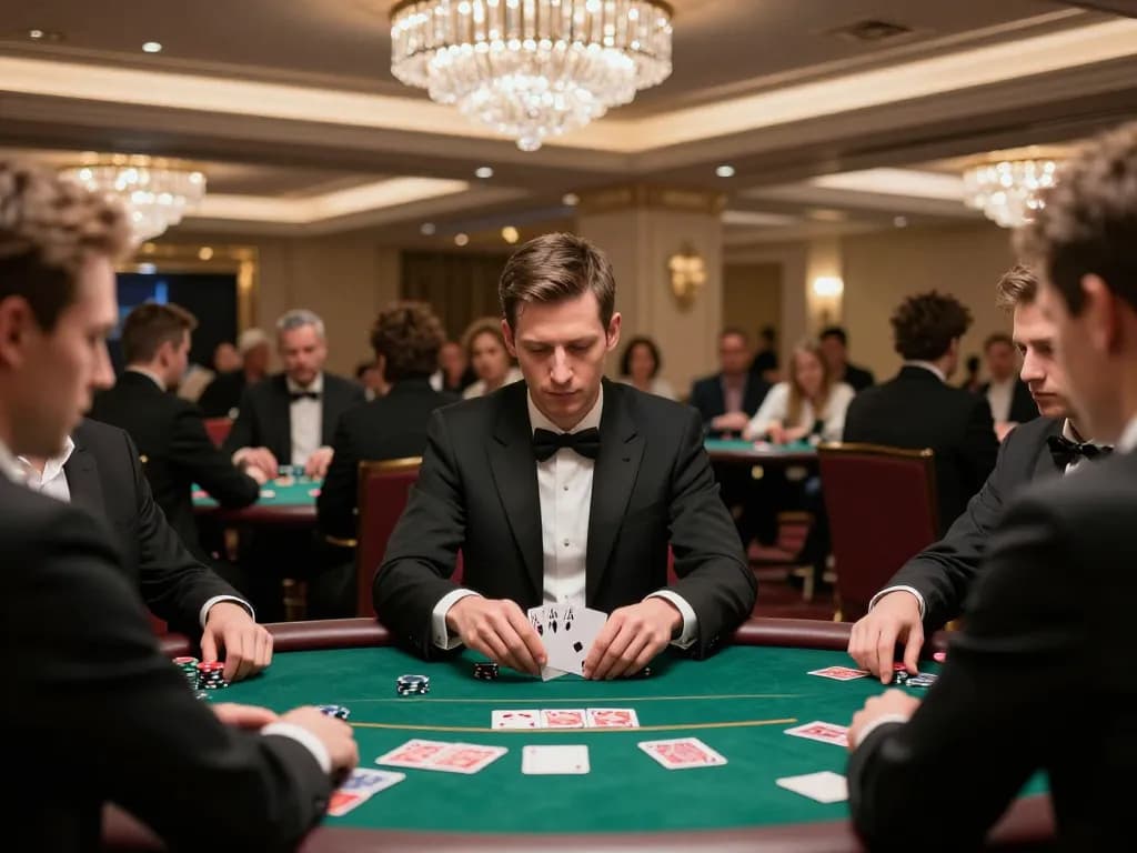 Engaged players showcasing strategic gameplay at a poker table in a luxurious casino venue, featuring 79KING.