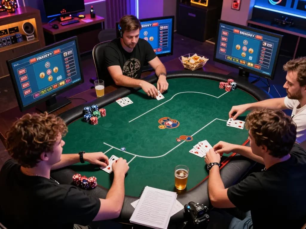 F8BET players enjoying an online poker game with vibrant screens and celebratory actions.