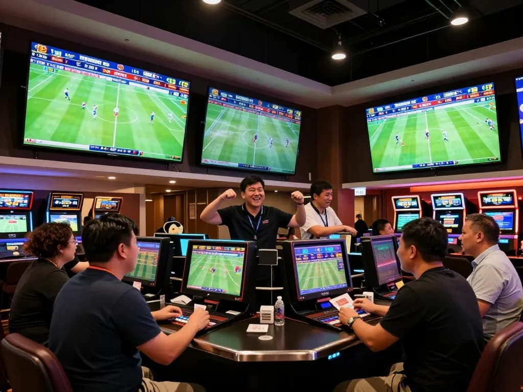 Place bets on kèo bóng đá as fans celebrate in a lively sports betting venue with live match displays