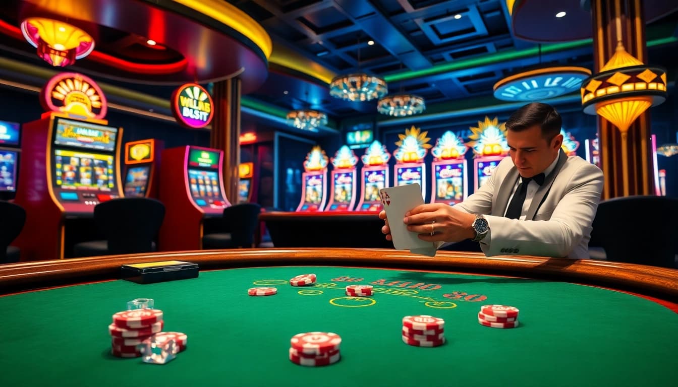 Experience the thrill of gambling at BEM88.com with a luxury blackjack table and vibrant slot machines.