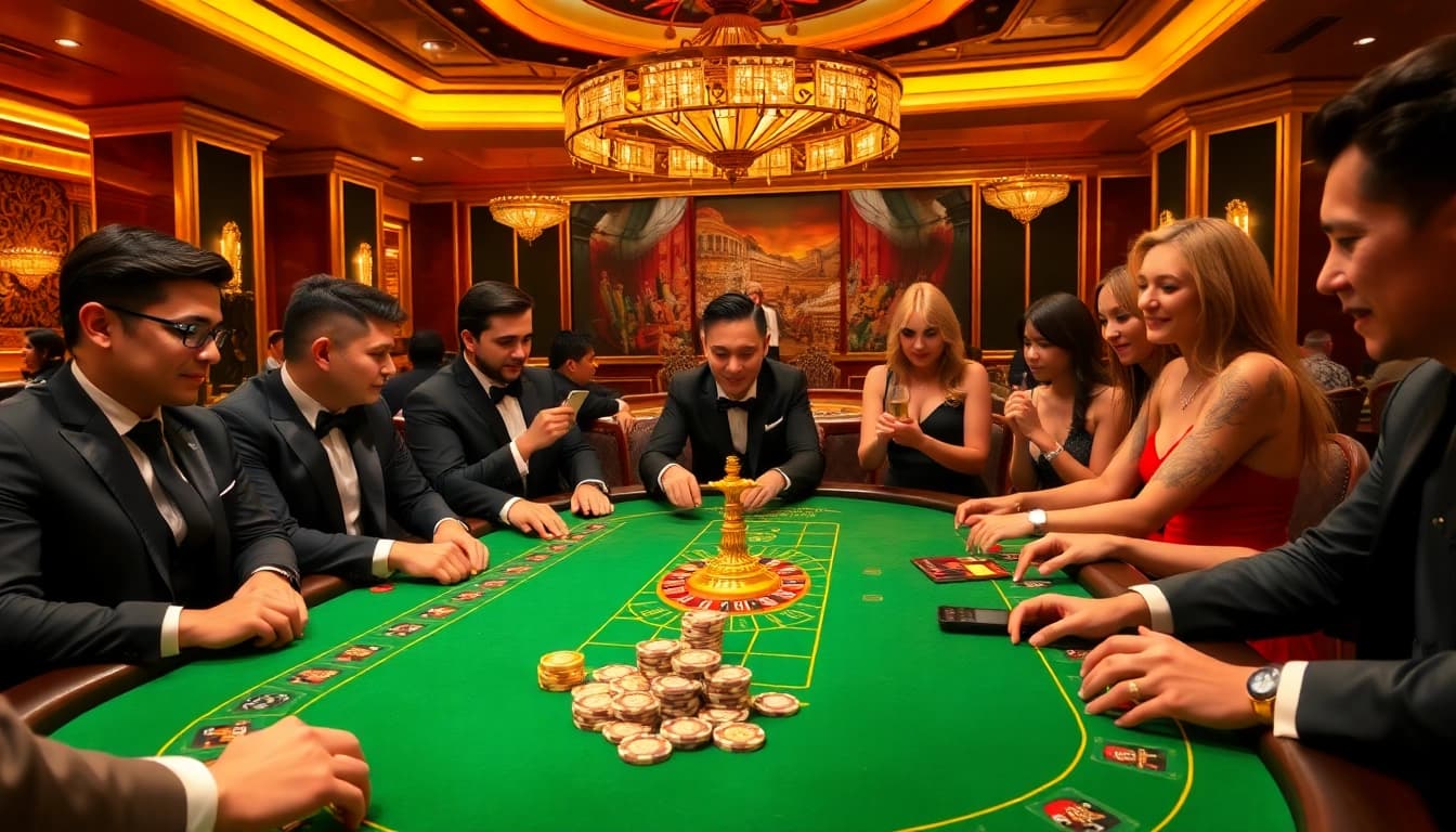 Players enjoying poker at a luxurious casino table, highlighting Hay88's thrilling gaming experience.