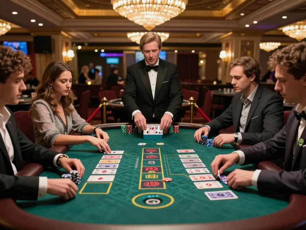 Players engaged at ok8386 blackjack table, chips stacked high amid intense gameplay atmosphere.