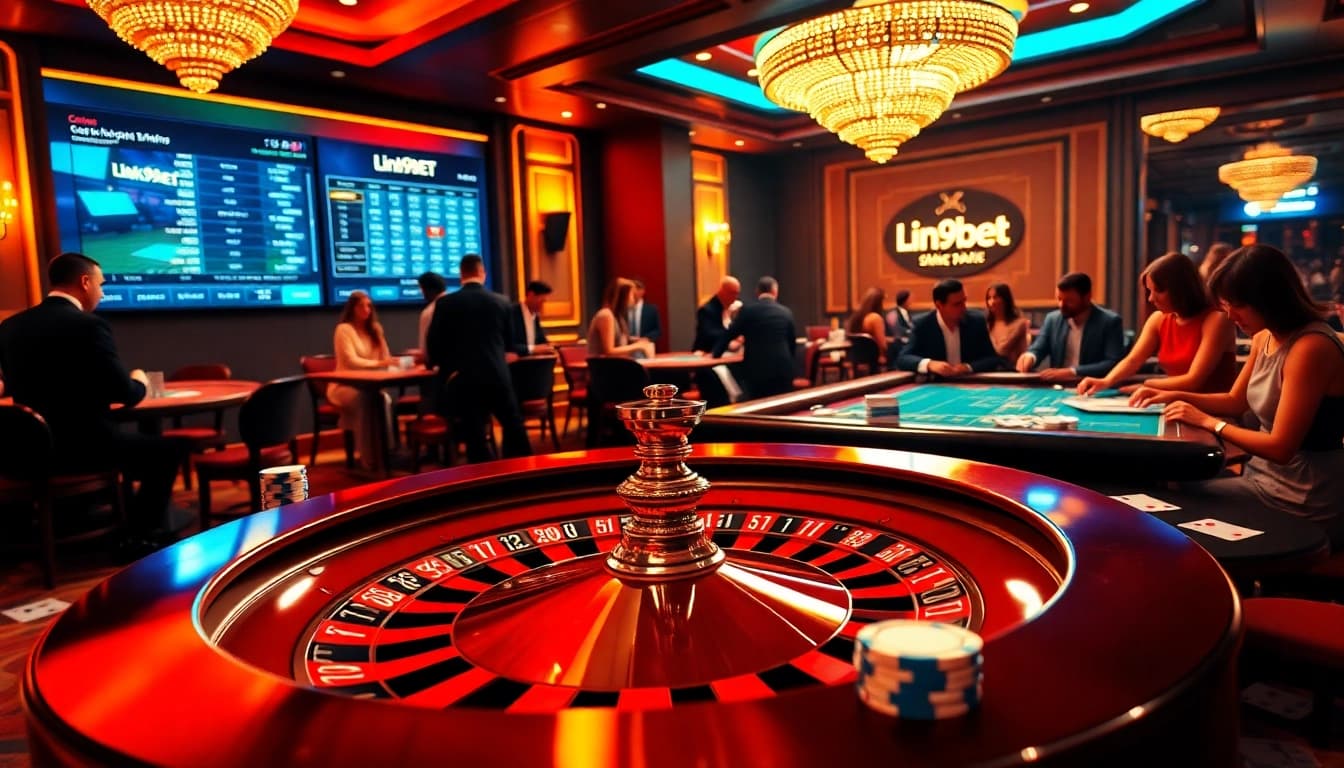 Engage in the excitement of Link 9BET with luxurious casino tables and vibrant gaming elements.