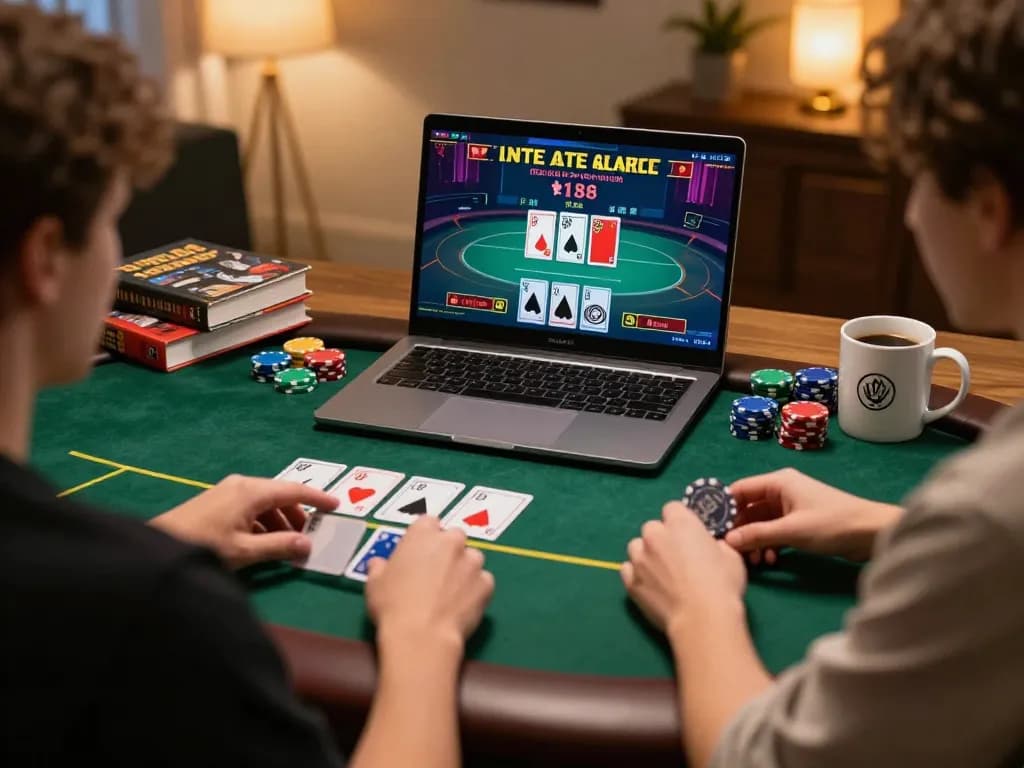 Player engaging in a live poker game at LV88 online casino with a laptop and strategy notes.