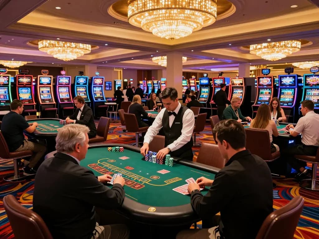 Players engaging in strategic bets at MM88 blackjack tables in a lively Las Vegas casino.
