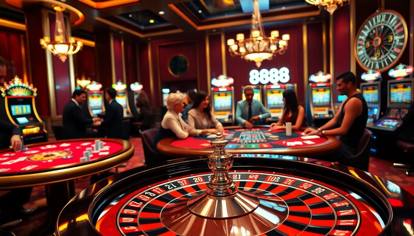 Engaged players enjoying casino games at 888b, featuring roulette and poker tables.