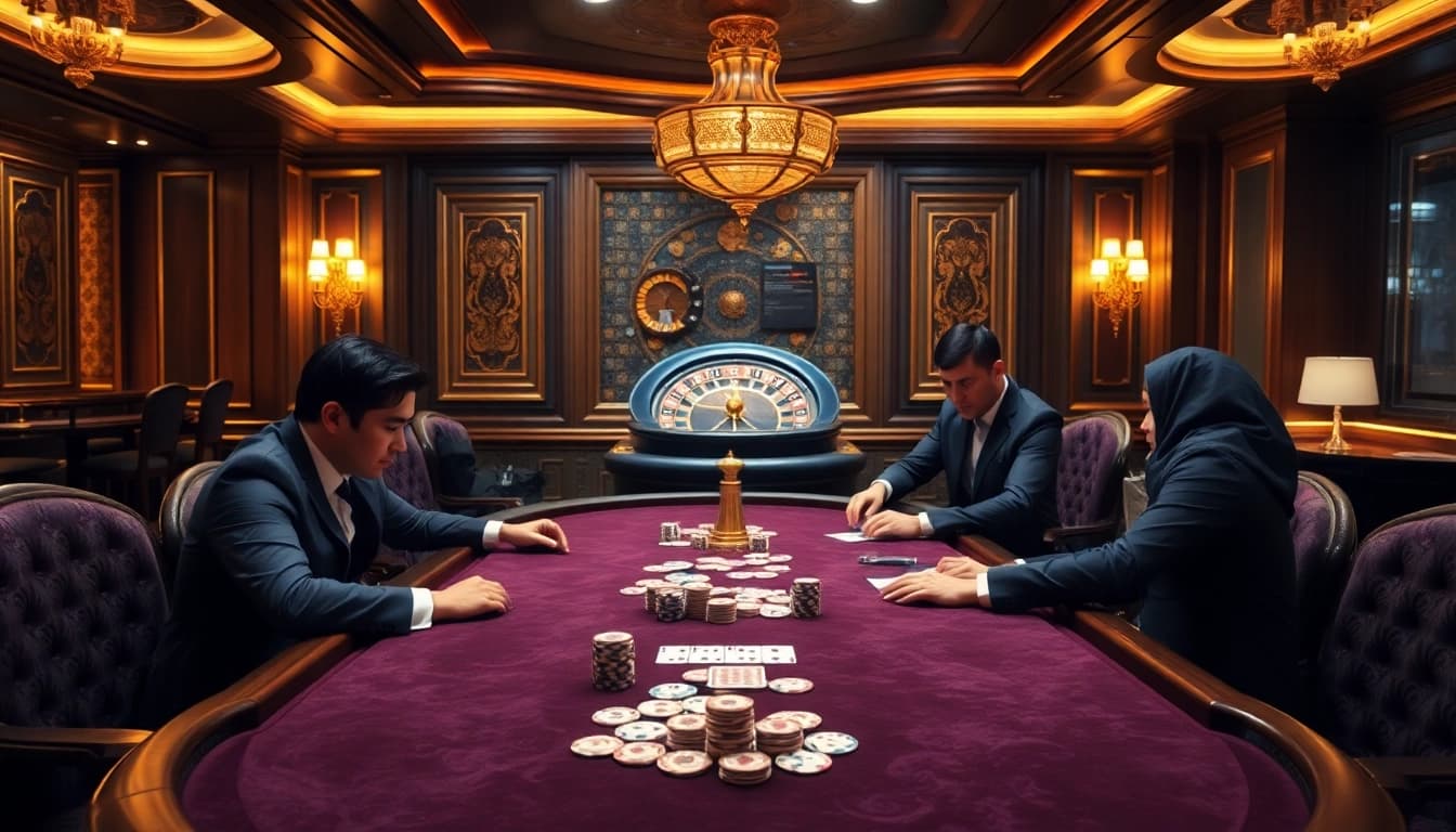 Exciting high-stakes poker game scene at king 88 casino with luxurious details.