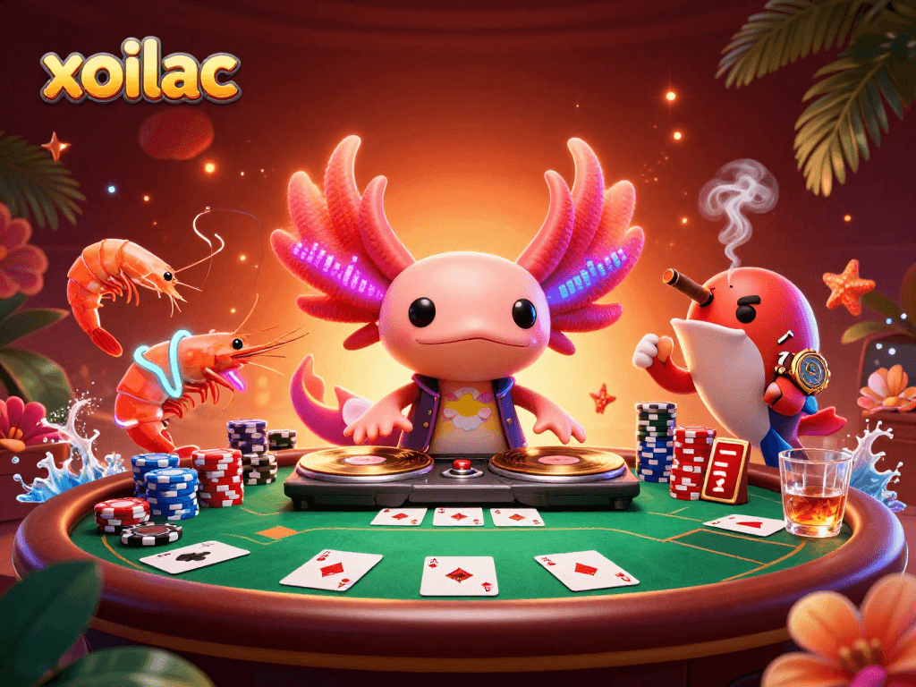 Engage with xoilac in this vibrant 3D scene featuring thrilling poker action and animated character fun.