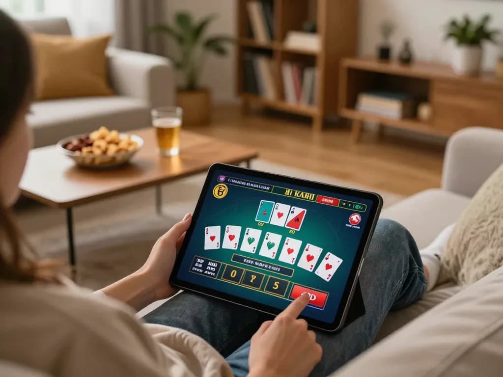 Engaging home blackjack game with ta88e tablet interface and cozy atmosphere