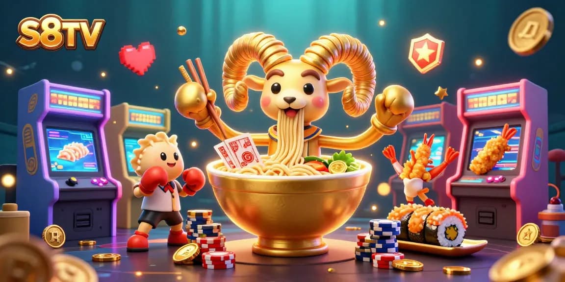 S8TV integrates colorful arcade-style gambling elements in a vibrant 3D scene with cartoon characters.