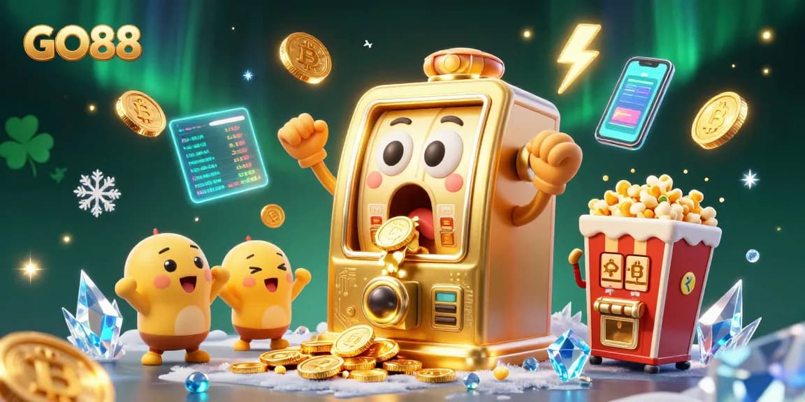 GO88 golden slot machine celebrates a jackpot amidst vibrant casino-themed elements and crypto motifs.