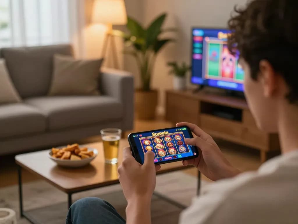 Enjoying Sunwin gaming on a smartphone in a cozy living room atmosphere, highlighting intense casino action.