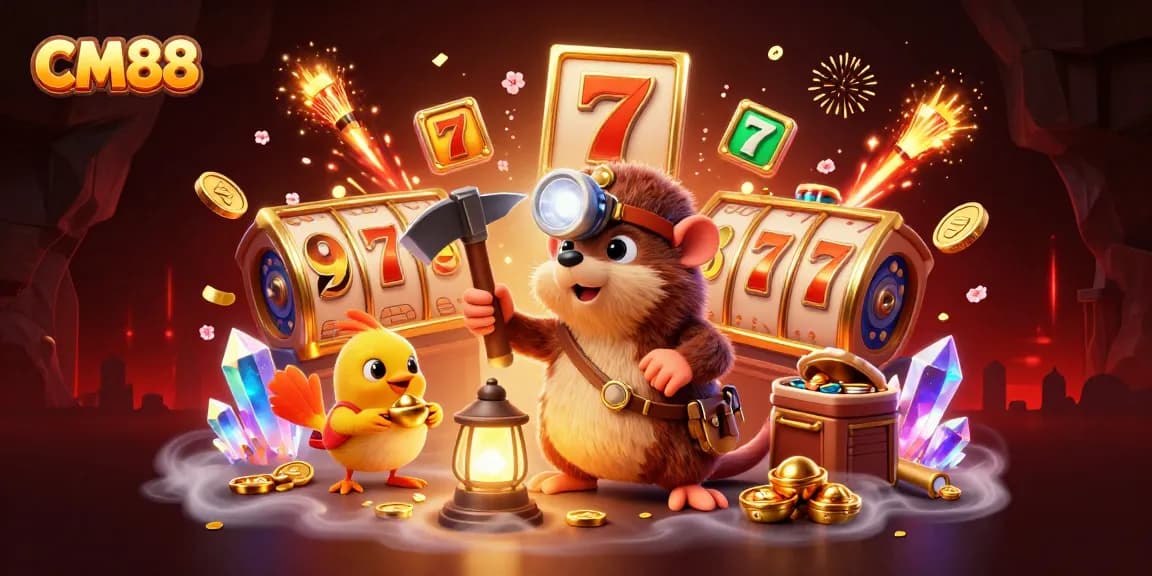 Engage with CM88's vibrant casino scene showcasing a treasure hunter mole and dynamic game elements.