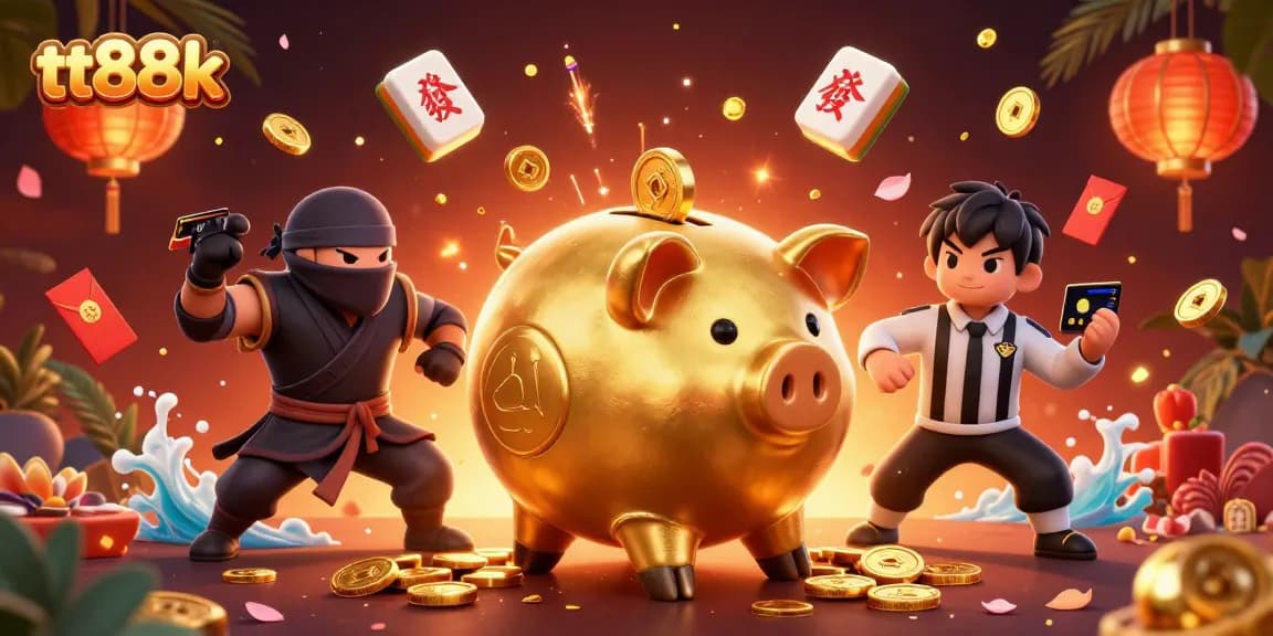 Engage with exciting wins at tt88k with a dynamic casino-themed illustration showcasing vibrant characters and golden elements.
