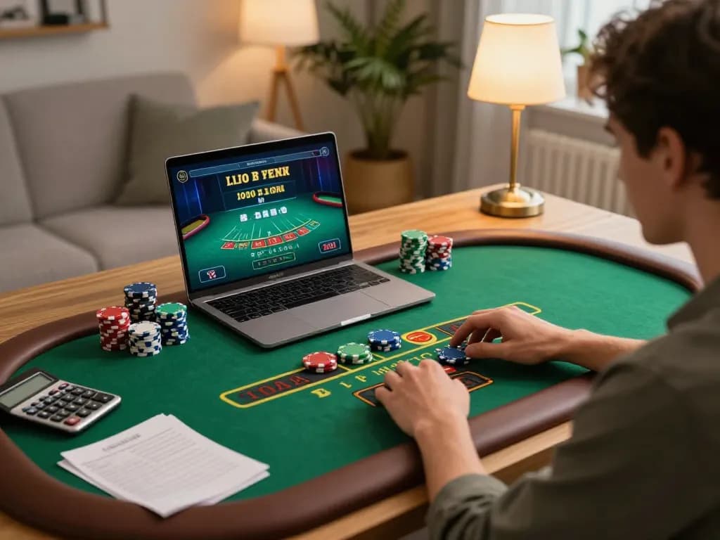 A player engages in online blackjack on laptop at home, enhancing their strategy with alo8 insights.