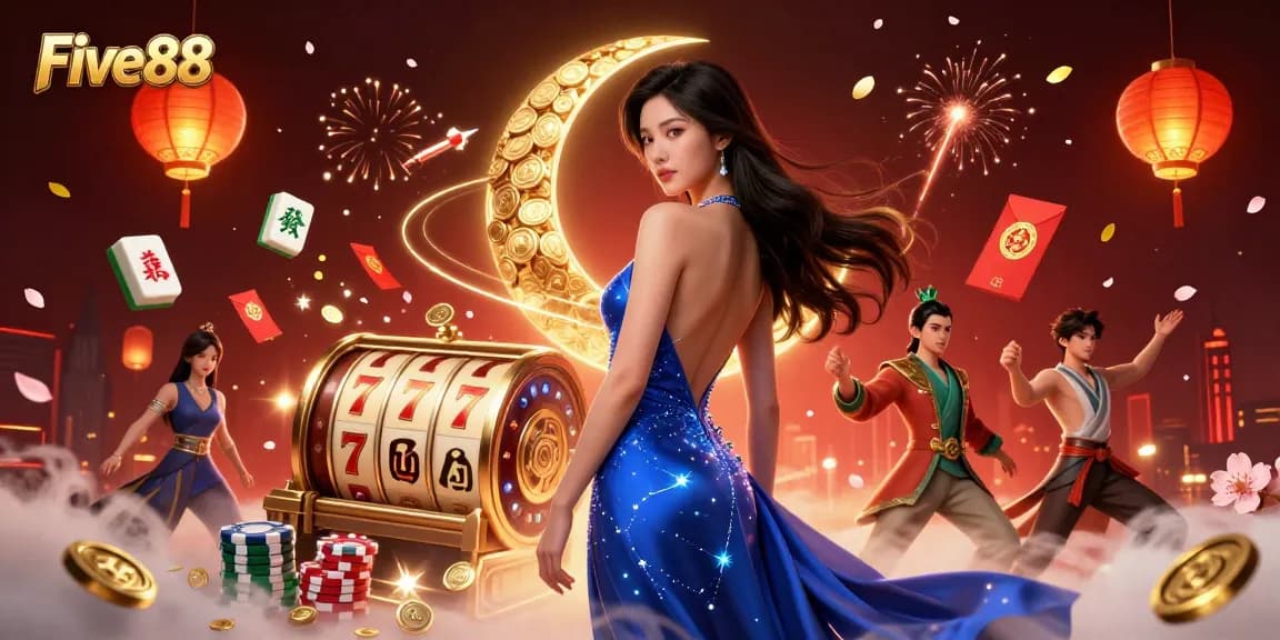 Engage with Five88 as elegant characters delight in a vibrant casino atmosphere filled with slots and festive elements.