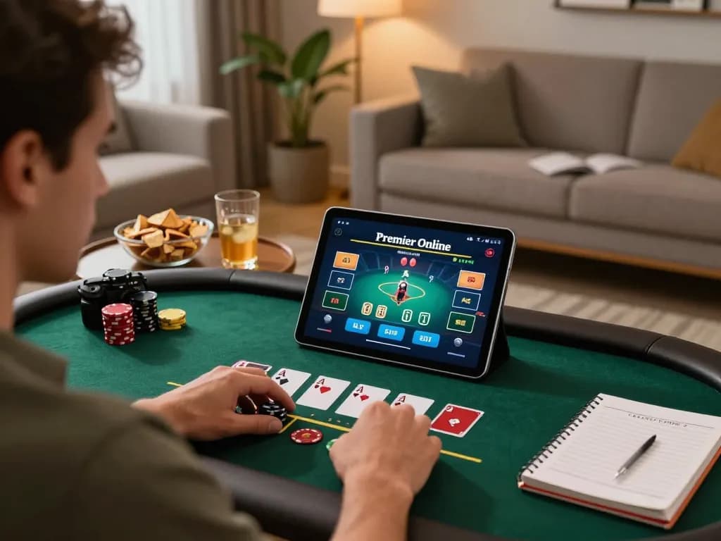 BCX88 player engaged in an online blackjack game on a tablet in a cozy living room.