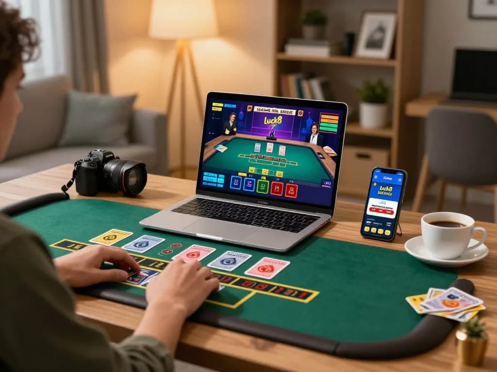 Engaging moment of luck8 online gaming featuring a live dealer and cozy home workspace.