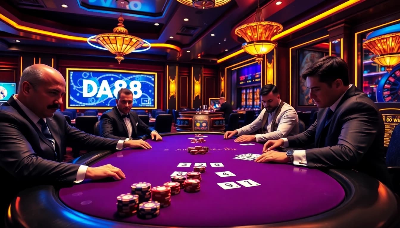 High-stakes poker session at a luxury casino featuring 'DA88' chips and vibrant atmosphere.
