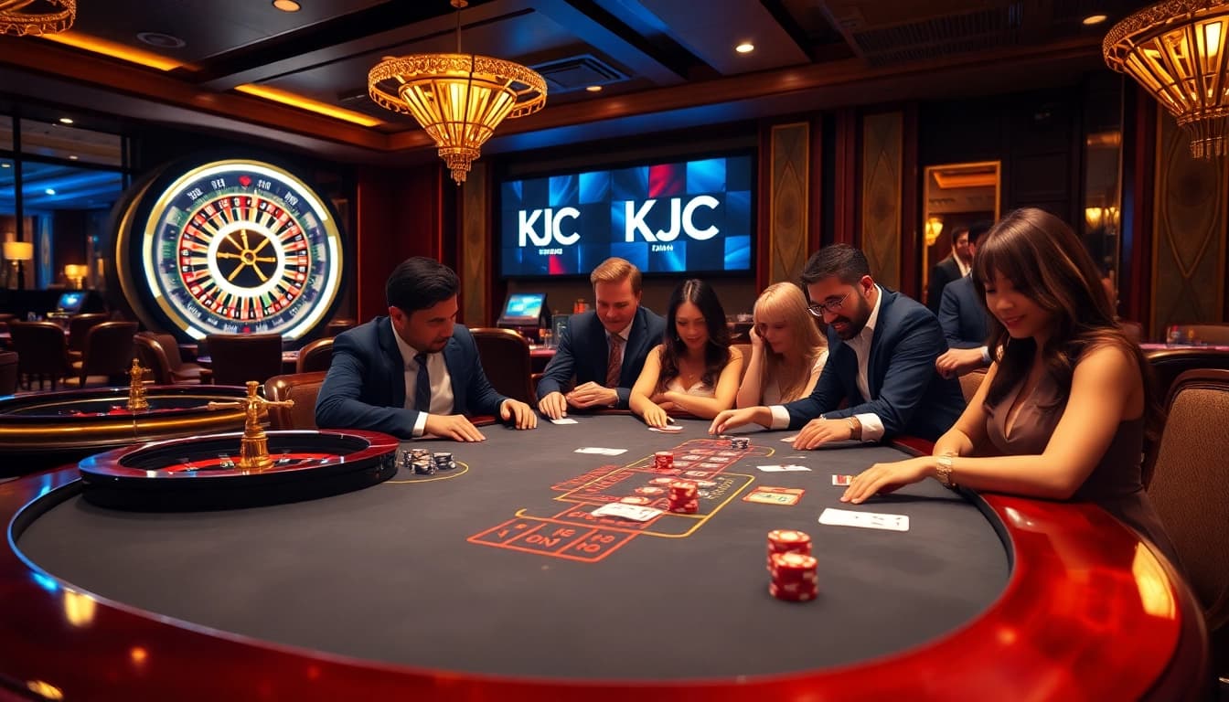 KJC logo visible on a luxury casino table during an intense high-stakes poker game.
