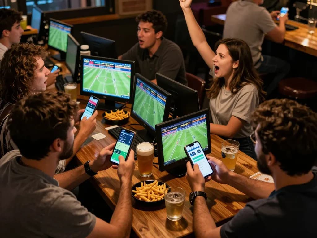 Fans engaging in sports betting while watching live matches on screens, showcasing Keo nha cai 5.