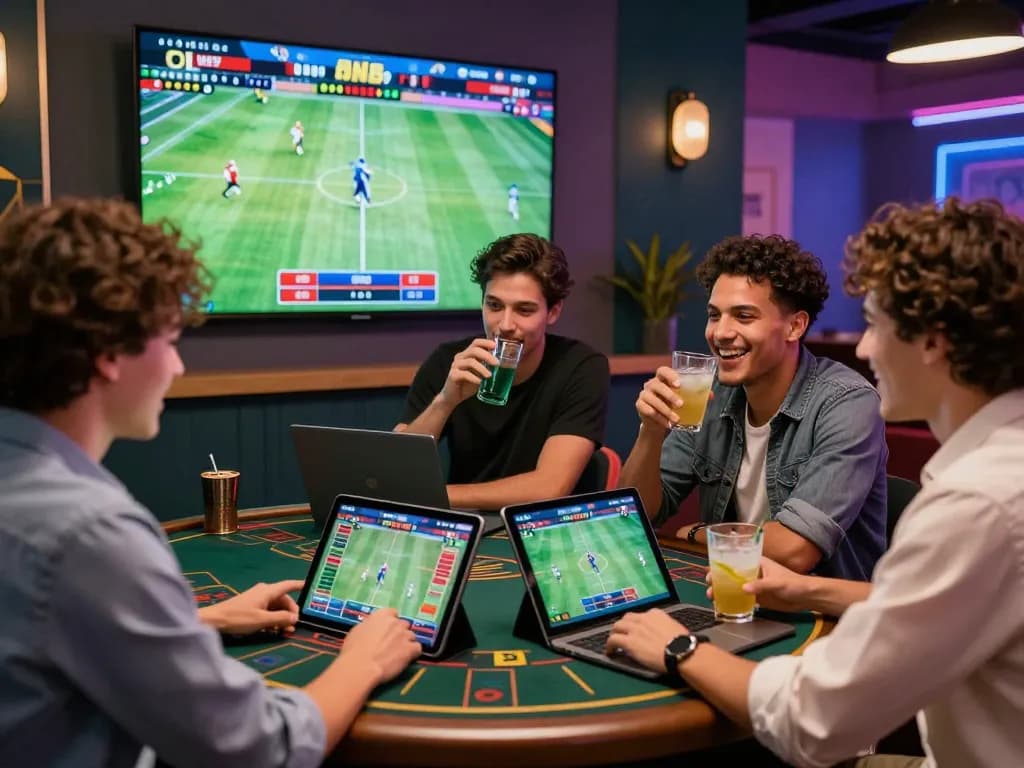 Friends enjoying an exciting betting experience on ONBET, engaging with live sports updates and strategies in a vibrant atmosphere.