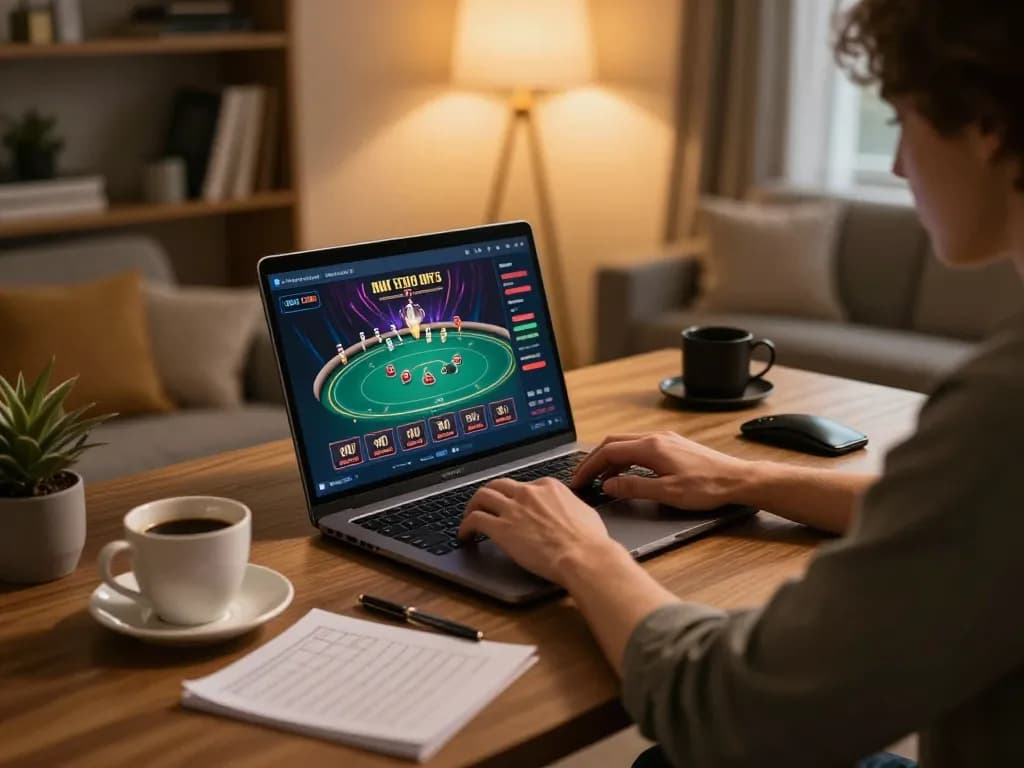 Engaging in online casino betting with 789win link on laptop, cozy home gaming setup.