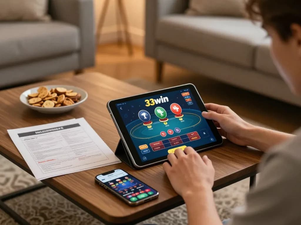 Engaging online player enjoying 33win casino gameplay on a tablet in a cozy home setting.