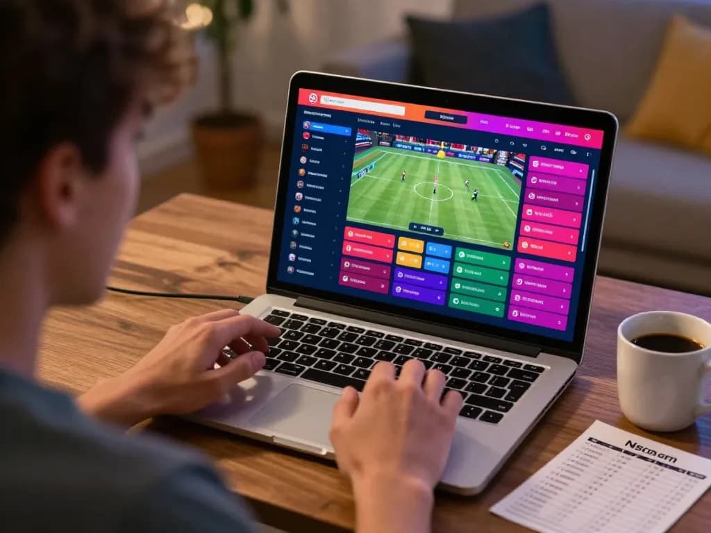 Engaging scene of a player using fb88 for live sports betting, analyzing odds and statistics at home