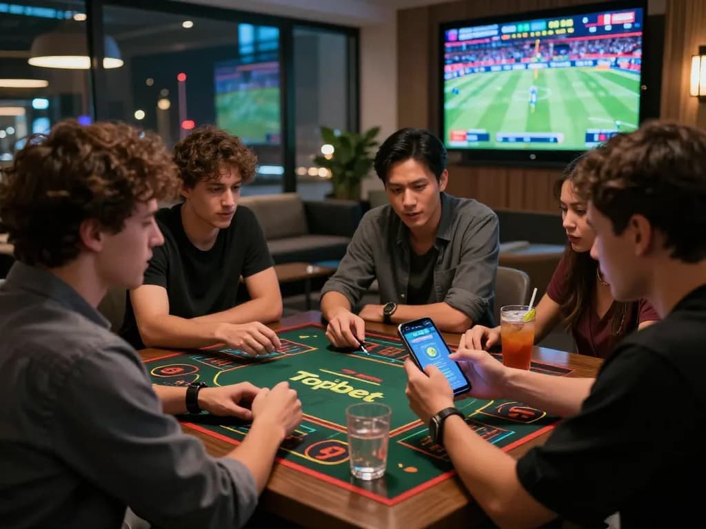 Tải app Topbet on smartphone in a lively sports betting lounge.