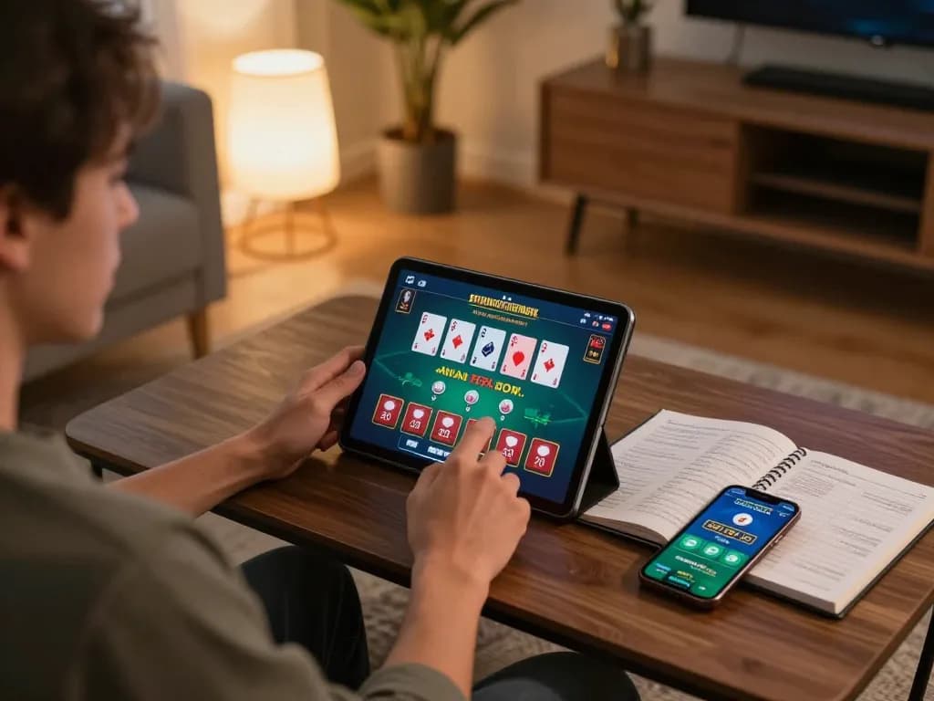 Engaging in online casino gameplay with llwin on a tablet in a cozy living room setting.