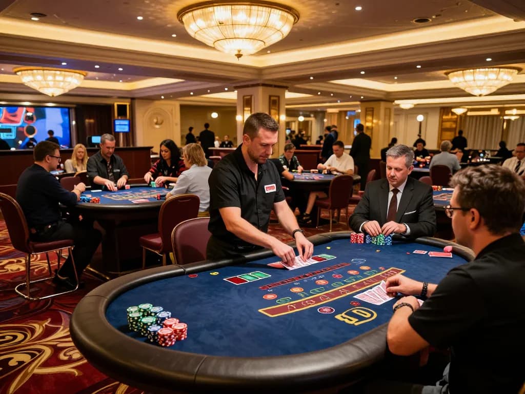 Players enjoying a thrilling game of blackjack at bu88 casino, vibrant atmosphere with colorful chips.