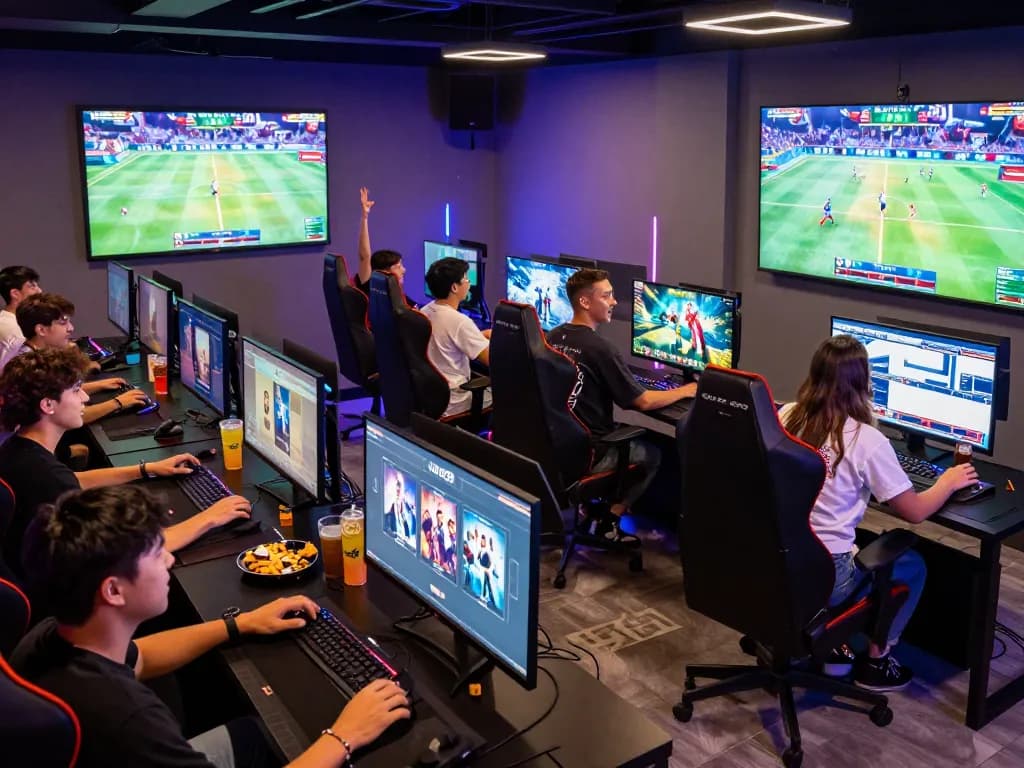 A lively gaming lounge showcasing a group enjoying games at Jun 88, capturing the excitement of modern entertainment.