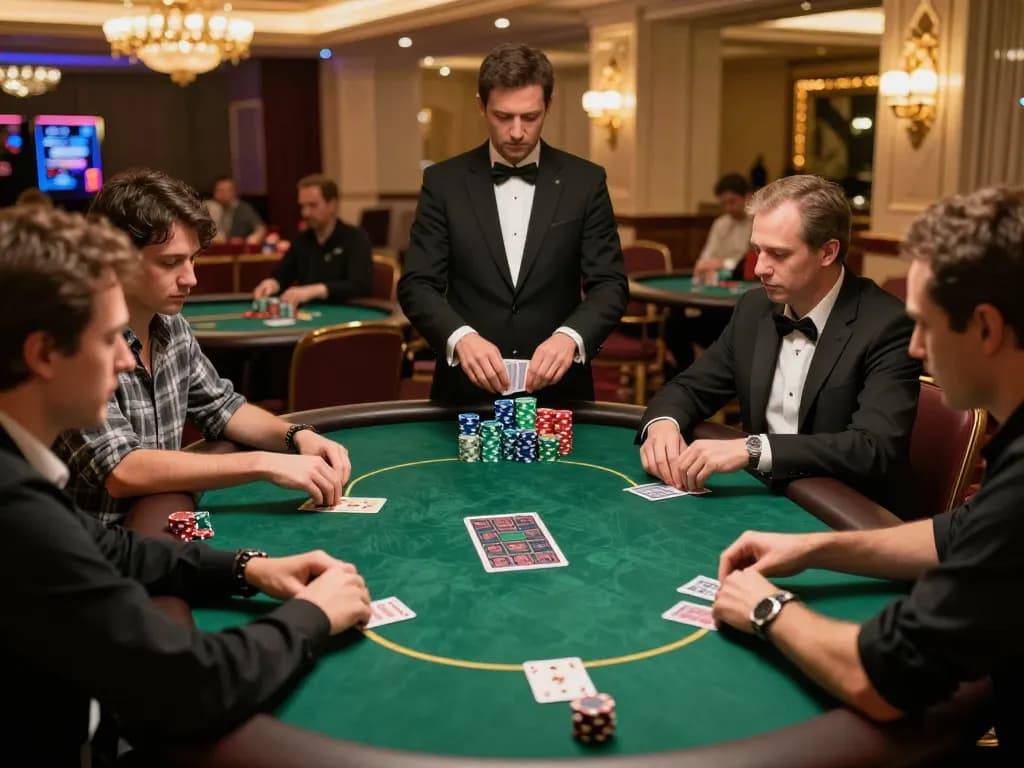 MM88 high-stakes poker game in a luxurious casino setting, players focused and dealer engaging.