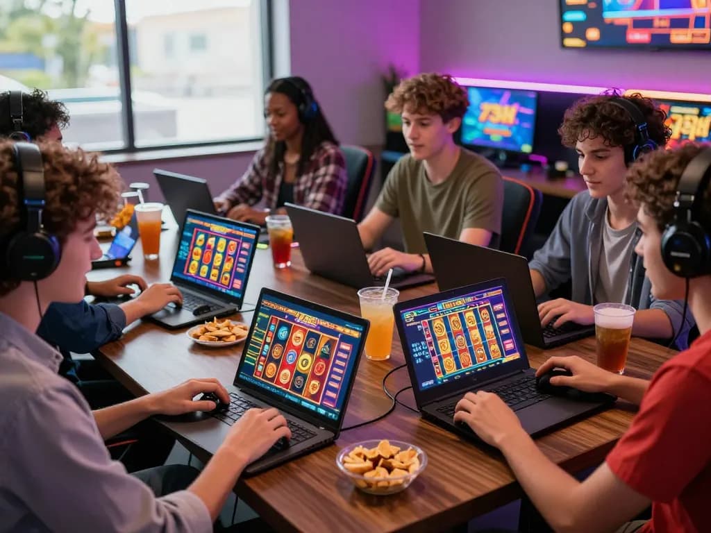 Friends enjoying an online gaming experience on the 73H platform with colorful slots and live dealers.