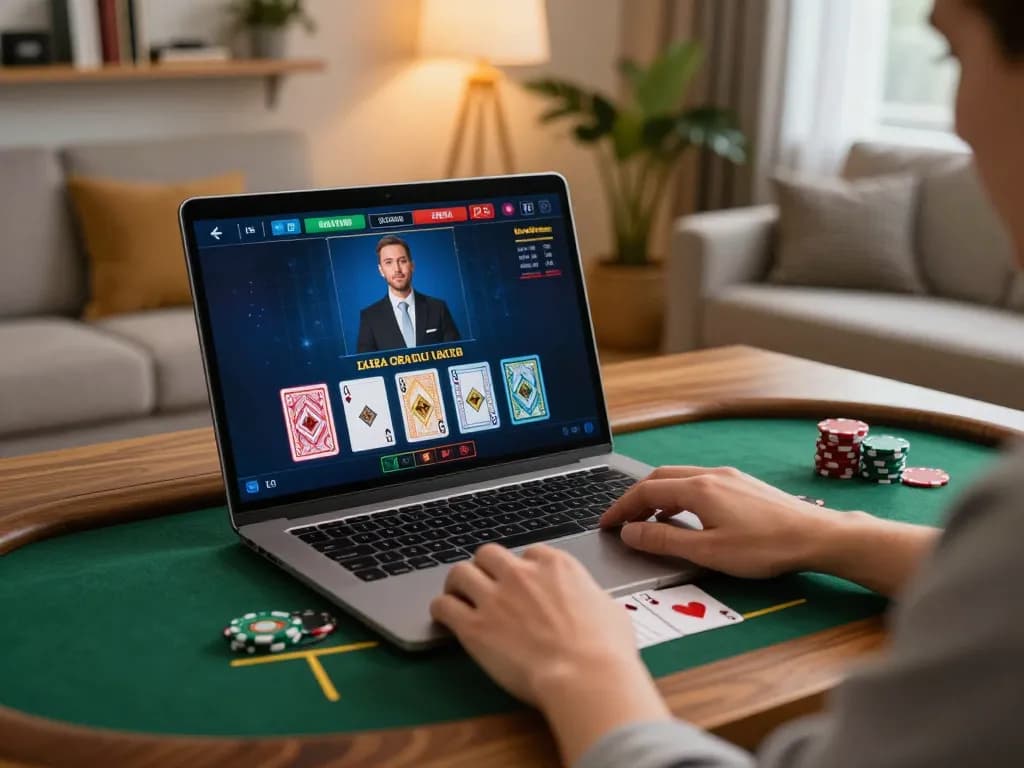 Player engaging with lc88 online blackjack game on laptop in cozy home setting