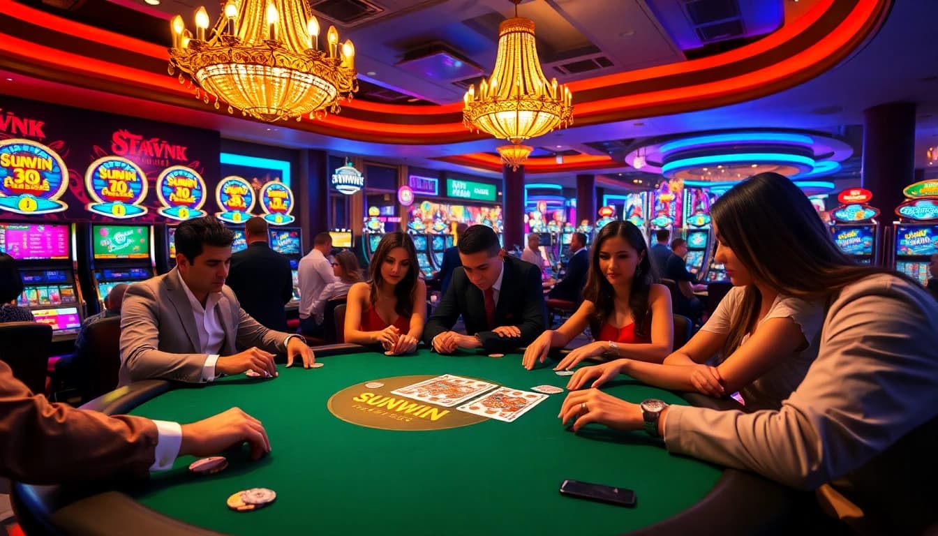 Engaging poker scene at SUNWIN casino with players and professional setup.