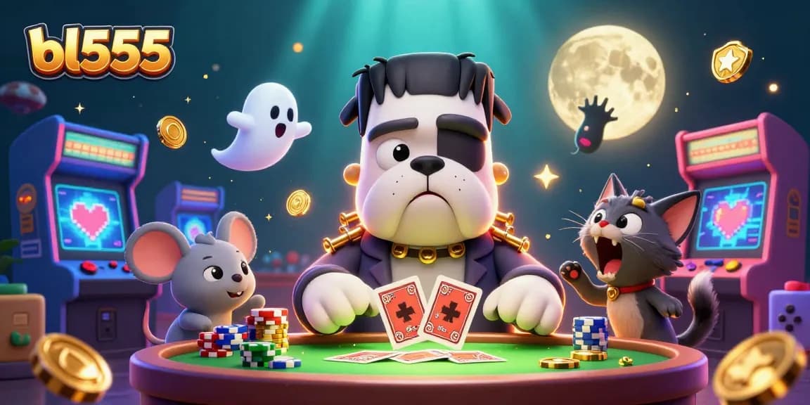 Experience a vibrant game night at bl555 featuring a 3D bulldog monster playing cards.