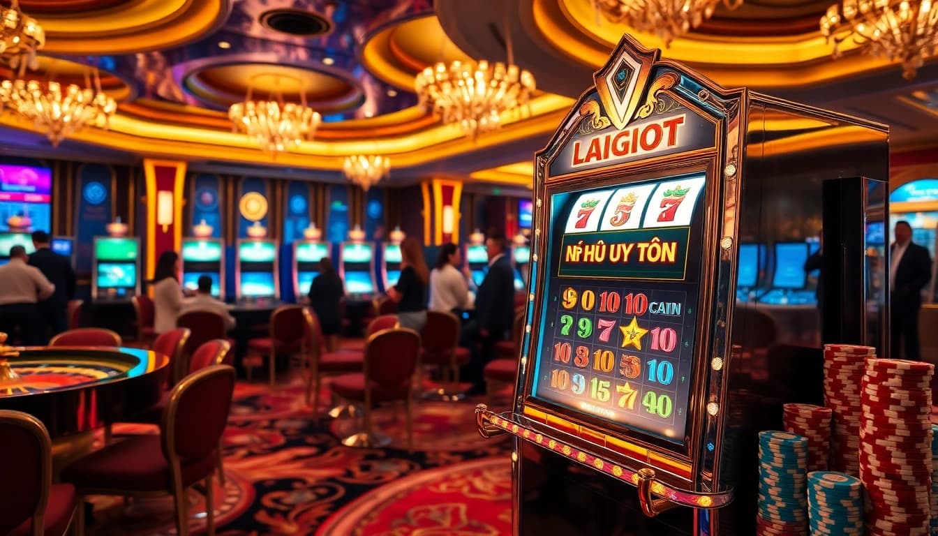 Play slots at Nổ Hũ Uy Tín with vibrant machines and excited gamblers in a luxurious casino setting.