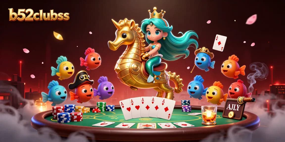 B52clubss poker scene with a mermaid princess and colorful fish at the casino table.