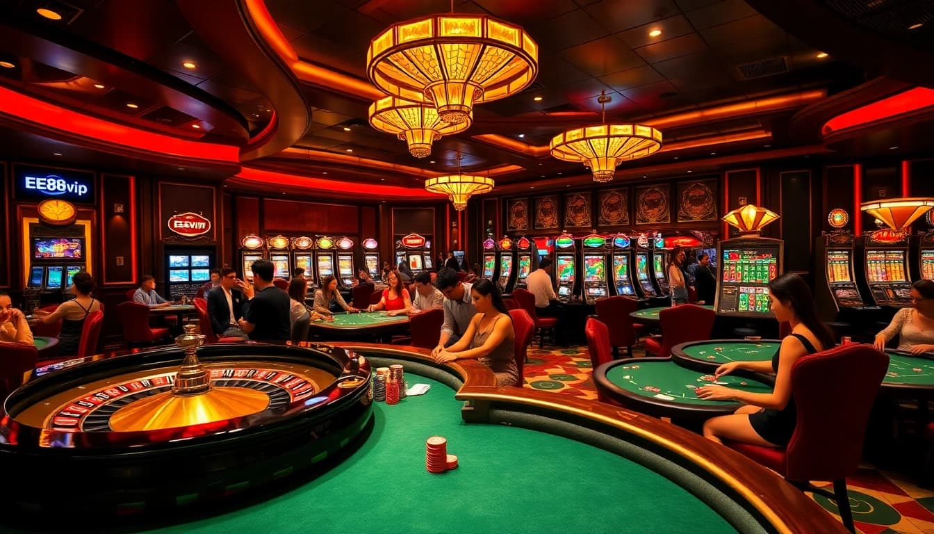 Players enjoying a thrilling casino experience at EE88vip with vibrant gaming tables and slot machines.