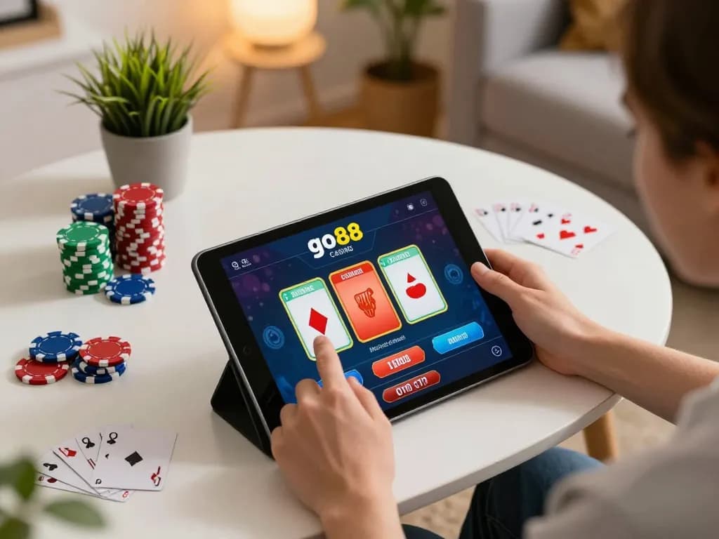 Engaging with the go88 casino app on a tablet in a cozy home gaming setup.