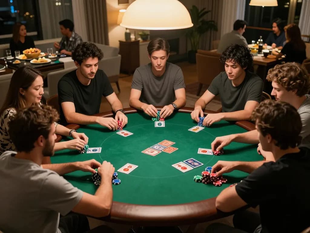 Players engage in a home poker night with F168, showcasing strategy and excitement.