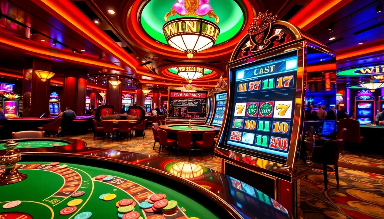 A vibrant casino scene depicting a roulette table and active players at https://vin88ac.com/, showcasing excitement and luxury.