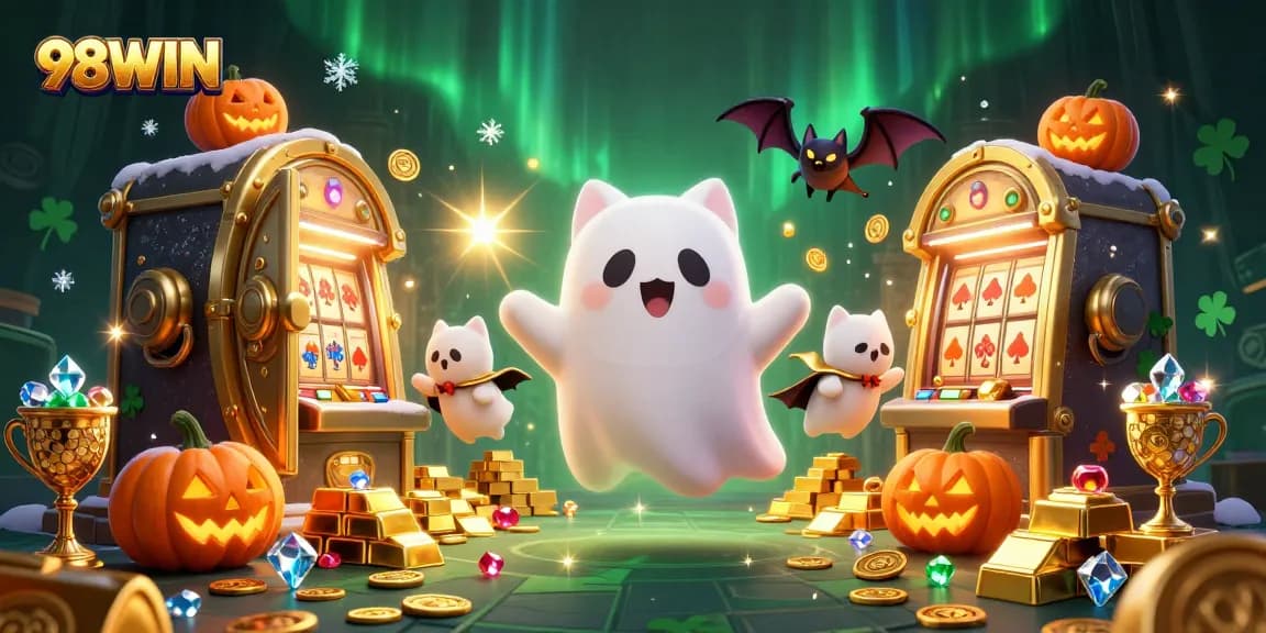 Engage with the thrilling ambiance of 98WIN as ghostly figures flaunt their winnings in a vibrant casino setting.