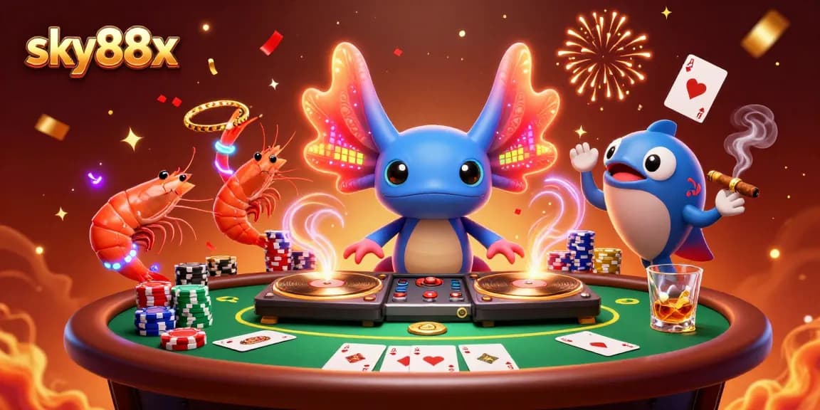 Engage in thrilling poker action with sky88x's vibrant casino characters in this dynamic illustration.