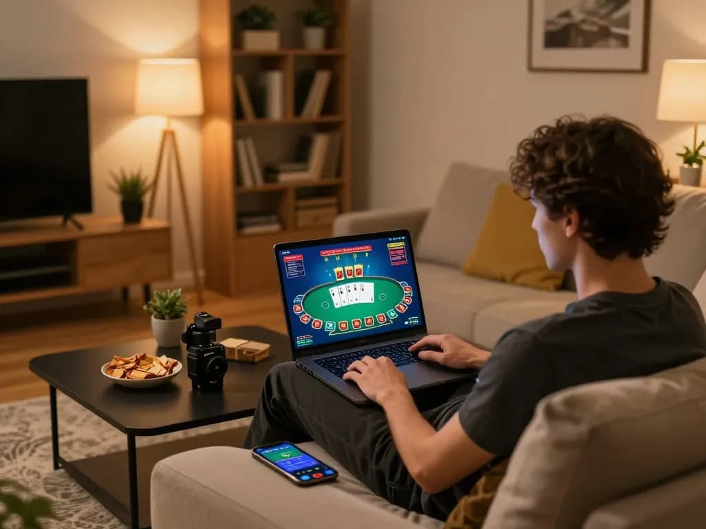 CakhiaTV users playing poker online in a comfortable home setting, showcasing interactive gaming experience.